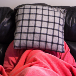 description: a person lying on a couch with a blanket covering them, their face obscured by a pillow.
