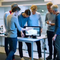 A group of people standing around a lab table with a computer, discussing the use of Eleven Labs' AI technology.
