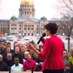 description: A woman standing in front of a crowd, holding a microphone and speaking passionately about her vision for the city of Madison. The woman is wearing a red blazer and appears confident and determined. The crowd behind her is diverse and engaged, with people of all ages and backgrounds listening intently to her words.