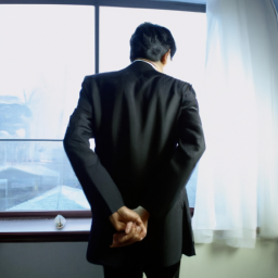 Description: A man in a suit with his back turned to the camera, looking out a window with a worried expression on his face.