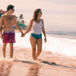 description: a couple is seen walking hand in hand on a sandy beach, with the ocean waves gently crashing in the background. the woman is wearing a stylish cream swimsuit, while the man is dressed casually in shorts and a t-shirt. they appear relaxed and happy, basking in the warm sun of puerto vallarta, mexico.