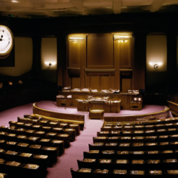 description: an empty congressional chamber with rows of empty seats and a large clock on the wall showing the time ticking away. the room is dimly lit, symbolizing the urgent need for action by lawmakers.
