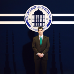 description: an anonymous image of pete buttigieg in a dark suit and tie, standing in front of a backdrop featuring the department of transportation logo.