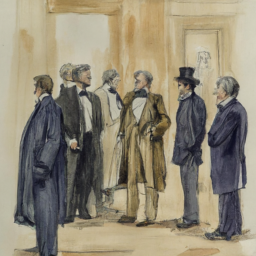description: A collection of sketches and watercolors depicting various Americans, such as top military officers and senators, waiting in the halls of power for their chance to meet with the president.