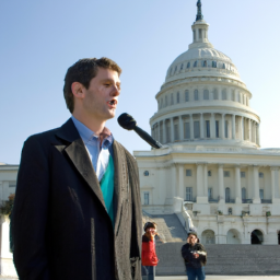 A person stands in front of the Capitol Hill building and speaks on a microphone while another person looks on in the background.