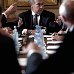 A political leader is seen in a meeting with other political figures discussing current global affairs.