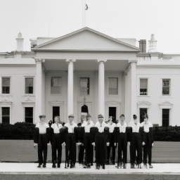 A group of men in military uniforms standing in front of the White House.