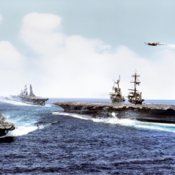 description: a powerful naval fleet with an aircraft carrier sails through the open waters, showcasing the might and strength of the dwight d. eisenhower carrier strike group. the group's presence serves as a symbol of security and deterrence.