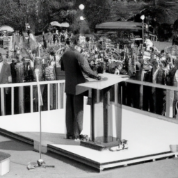 description: a photo of a tall man in a suit standing at a podium during a political event, with a crowd of people in the background.