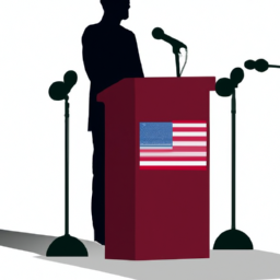 description: an image of a podium with an american flag in the background and a microphone on top. a person's shadow is cast on the podium, suggesting that the person is delivering a speech.