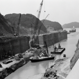 a black and white photograph depicting workers toiling in the construction of the panama canal. the image captures the immense scale of the project, with workers laboring under challenging conditions.