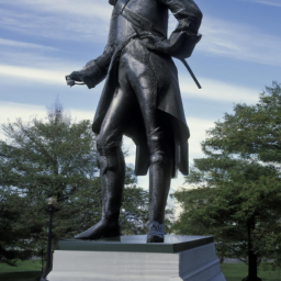 description: an image of a statue of andrew jackson, the first democratic president, standing tall in a public park. the statue depicts him in a military uniform, with one hand on his hip and the other holding a hat. he is looking off into the distance with a determined expression on his face.