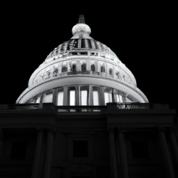 Description: A black and white image of the United States Capitol building in Washington, DC. The tall dome of the building is lit up in the night sky.