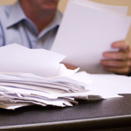 A person looking over paperwork at a desk.