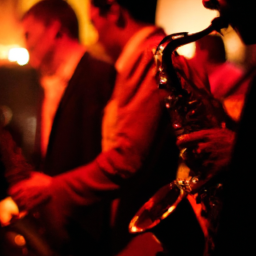 description: an anonymous image captures a jazz musician passionately playing the saxophone, surrounded by a group of musicians in a dimly lit jazz club. the ambiance is vibrant, with the soft glow of the stage lights casting a warm hue on the musicians and their instruments.