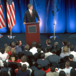 A group of people huddling around a man in a suit and tie as he speaks at a podium in front of a large crowd.