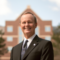 Description: A photo of William Westhoven, the new President of Centenary University. He is standing in front of the university building, smiling and looking confident.