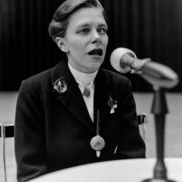 Description: A black and white photograph of a woman standing in front of a microphone, speaking to a group of people. She is wearing a suit and appears to be delivering a speech or statement. The image captures a sense of seriousness and purpose.