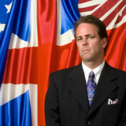 A middle-aged man wearing a suit and tie stands in front of a large international flag, looking thoughtful and professional.