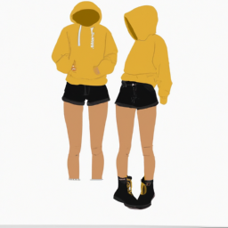 description: a yellow cropped hoodie, black shorts, and timberland boots.