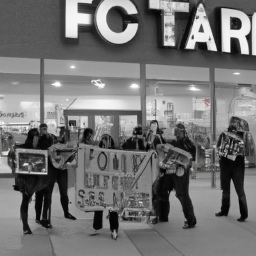 description: a group of protestors holding signs with slogans such as "traditional values" and "family first" are gathered outside of a target store. the protestors appear to be angry and agitated, while the store in the background is calm and quiet. the image suggests the tension and conflict that has arisen over target's support of lgbtq causes.