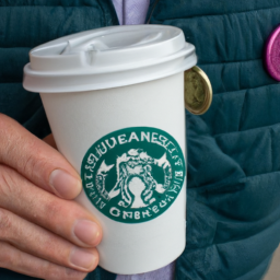 a person holding a starbucks cup and wearing a "howard schultz for president" campaign button.