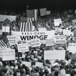 description: an image showing a crowd of supporters holding banners and signs at a political rally. the rally features no identifiable names or logos.