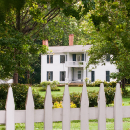 description: an anonymous image of a historic house surrounded by lush greenery and a white picket fence, representing the benjamin harrison historical site.