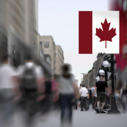An image showing the Canadian flag flying over a large city, with a diverse population of people walking the streets.