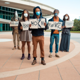 A group of people wearing masks and holding signs with the words "Woke" written on them, standing in a circle outside a government building.