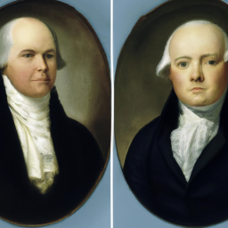 description: an image of two portraits side by side, one of john adams and one of his son john quincy adams. the portraits are painted in a traditional style, with the presidents depicted in formal attire and solemn expressions.