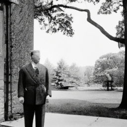 description: a man in a suit standing in front of a brick building with trees in the background.