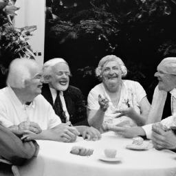 description: an anonymous black and white image depicting a group of elderly individuals engaged in a lively discussion, symbolizing the age and experience of the oldest u.s. presidents.