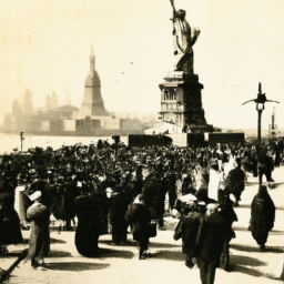 description: an anonymous image depicts a group of people walking through the streets of new york city in the late 1800s, with the statue of liberty visible in the background.category: international