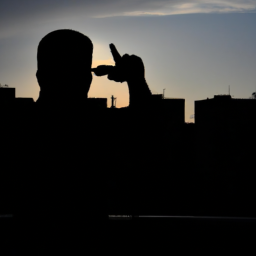 A silhouette of a person shooting a gun into the air in an urban area.