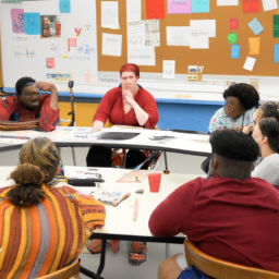 description: A diverse group of students and educators engaged in a discussion about race and education in a classroom setting.