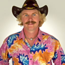 Description: A photo of a man with a blonde mullet and handlebar mustache wearing a cowboy hat and a colorful shirt with tigers on it.