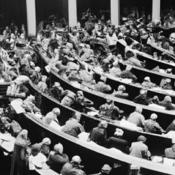 description (anonymous): a crowded congressional chamber with politicians engaged in discussion and debate.