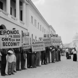 description: the image shows a group of farmers holding protest signs and banners with slogans related to their economic troubles. they are gathered in front of a government building, demanding congress to take action. the image depicts a united and determined group of individuals fighting for their rights and livelihoods.