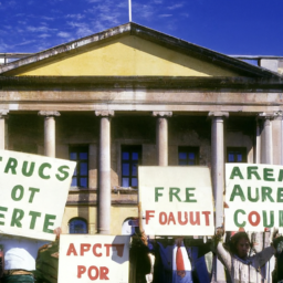 description: an anonymous image depicting a group of farmers standing in front of a government building, holding signs with slogans related to agricultural issues.