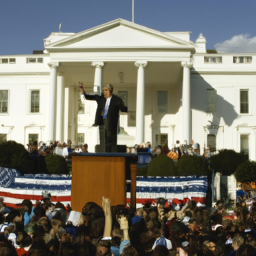 description: a photo of a man standing at a podium giving a speech, with a large american flag behind him and a crowd of people in front of him. the man is not identifiable.description: a photo of the white house with a clear blue sky in the background.